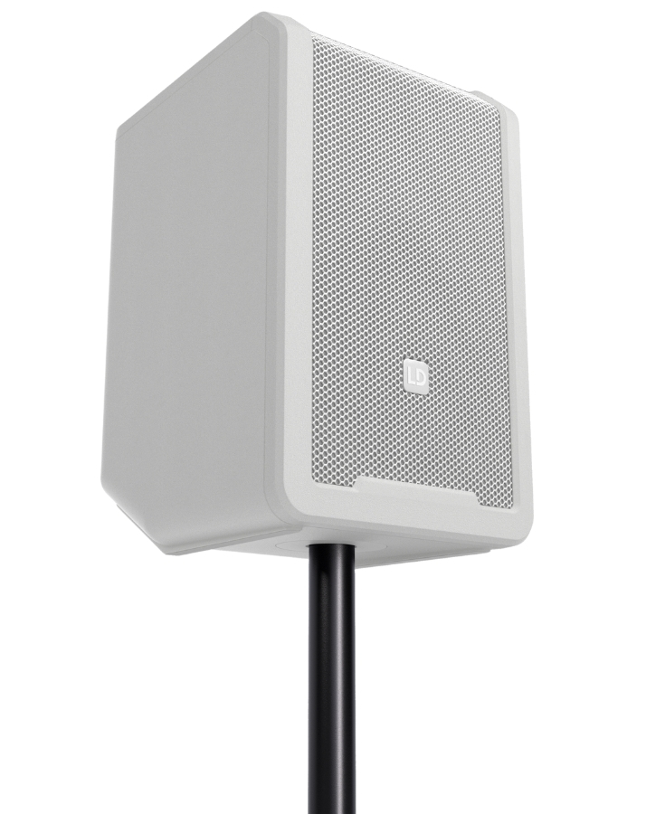 LD Systems ANNY 8 blanche montée sur pied, enceinte portable Bluetooth professionnelle au design élégant, idéale pour les mariages et événements raffinés.
