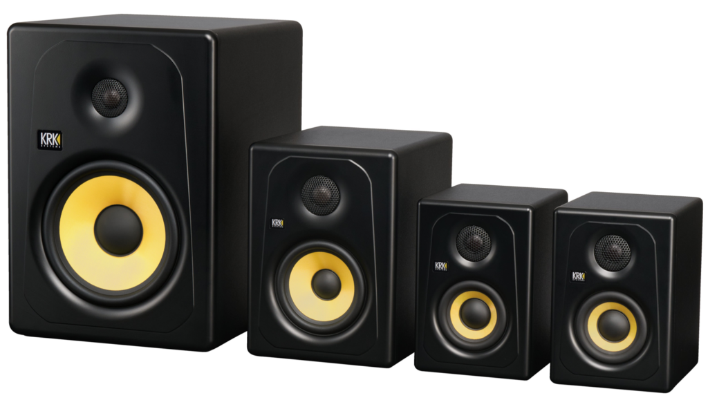 Enceintes de monitoring KRK KREATE 3, 5, 8 - Série KREATE, nouveau standard des enceintes home studio avec woofer jaune emblématique et design compact.