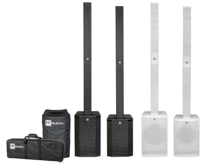 Vue d'ensemble des enceintes colonne actives HK Audio POLAR 10 MK2 et 12 MK2 en noir et blanc, accompagnées de leurs housses de transport officielles.