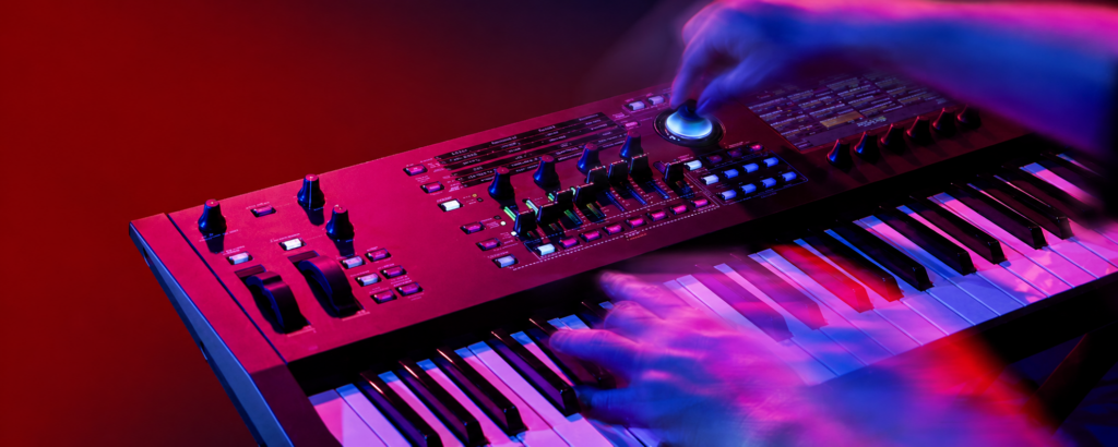 Synthétiseur Yamaha MODX M (panneau de contrôle et clavier) éclairé en néons violets et rouges, mains en mouvement manipulant le Super Knob et les faders, mettant en valeur les boutons, l’écran tactile et les touches du clavier pour une performance live.