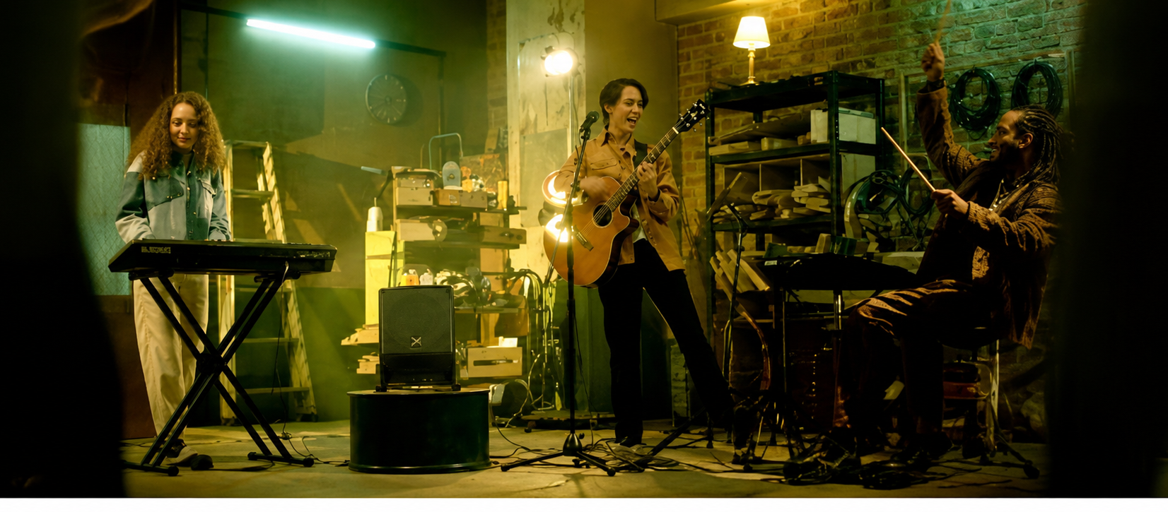 Groupe de musiciens en répétition dans un local avec une enceinte de sonorisation portable sur batterie au premier plan