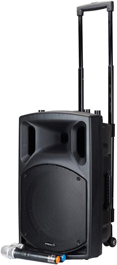 BST NOMAD12UHF : sono portable sur batterie 12 pouces avec trolley rétractable et 2 micros sans fil UHF inclus