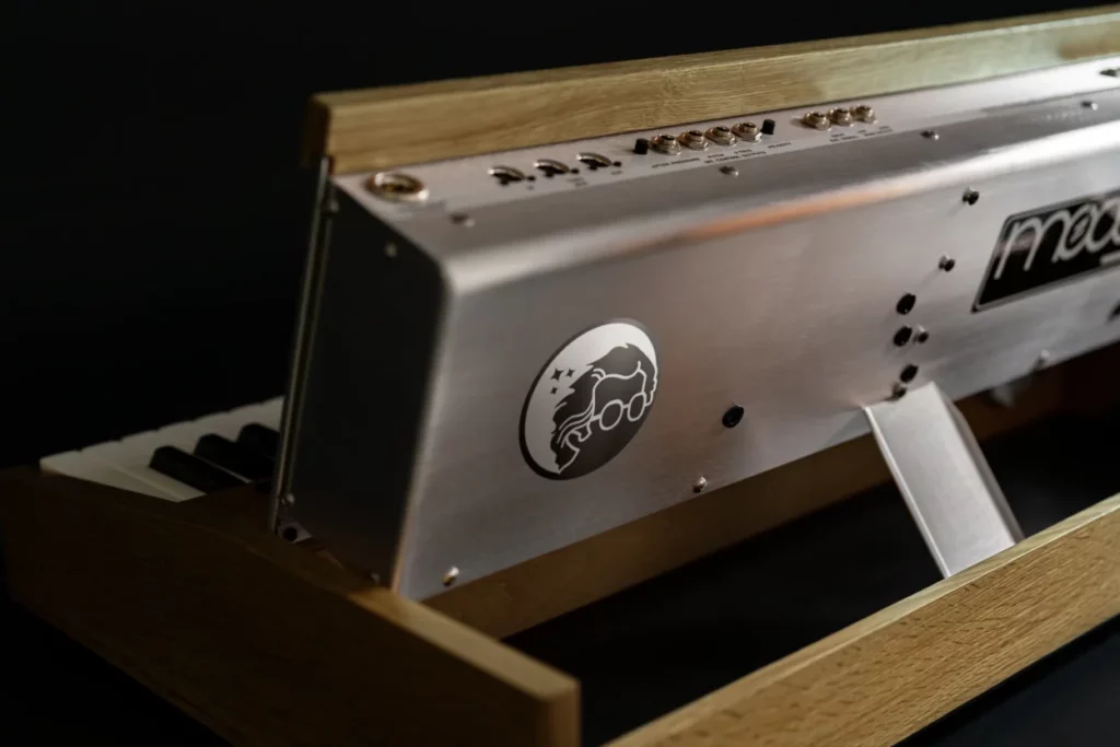 Minimoog Model D Bob Moog Tribute Edition, vue arrière avec châssis métallique, logo Moog et flancs en bois