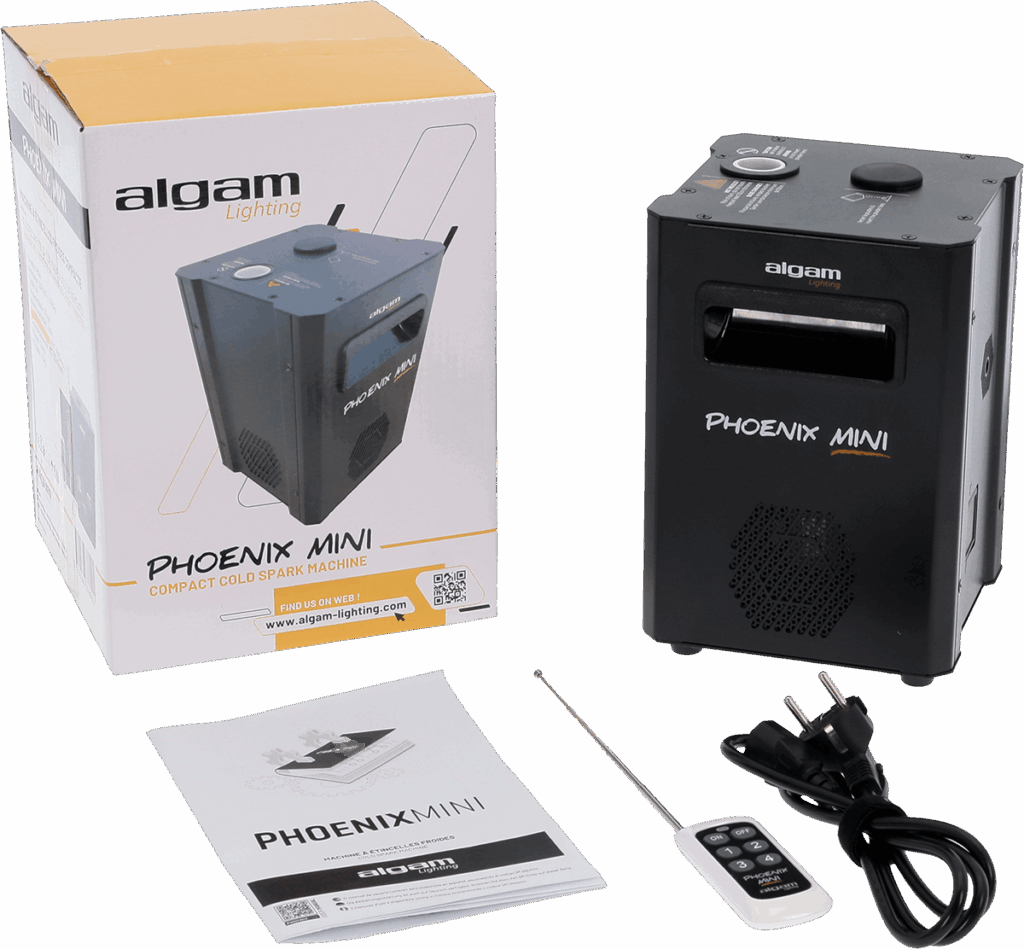 Machine à étincelles froides Algam Lighting Phoenix Mini avec carton, télécommande, câble d’alimentation et manuel