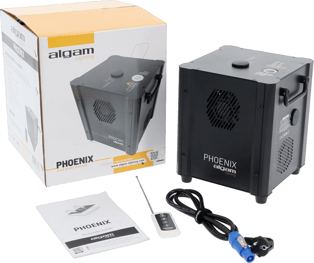 Machine à étincelles froides Algam Lighting Phoenix 650 W avec carton, télécommande, câble d’alimentation et manuel