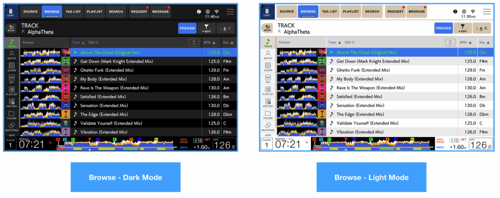 Comparaison des modes d’affichage sombre et clair de l’interface Browse du lecteur DJ AlphaTheta CDJ-1500X pour la navigation dans les morceaux