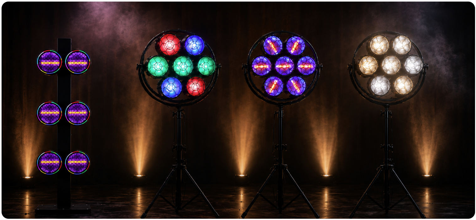 Présentation de la gamme de projecteurs LED rétro ARDECO J. Collyns avec plusieurs modèles sur pieds et colonne, affichant différents effets lumineux : RGB, UV et blanc chaud/froid, dans une ambiance scénique avec fumée.
