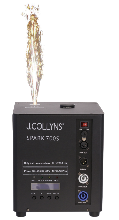 Machine à étincelles J.Collyns SPARK 700S de 700 W en fonctionnement, avec jet d’étincelles vertical et connectiques DMX et PowerCon