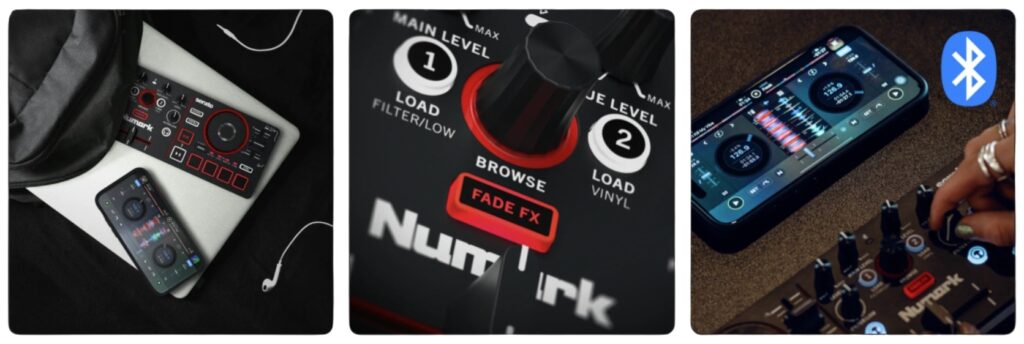 Présentation du contrôleur DJ compact Numark MixTrack Go chez Energyson. Le visuel montre sa compatibilité smartphone avec connexion Bluetooth, son format facilement transportable à côté d'un sac à dos et le détail des faders et boutons Browse et Fade FX.