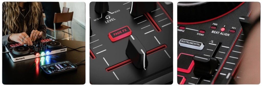 Vues d'ensemble et gros plans du contrôleur DJ Numark Party Mix III chez Energyson. On y voit un utilisateur en session de mix ainsi que les boutons de contrôle Fade FX, Beat Align et de gestion des Stems.