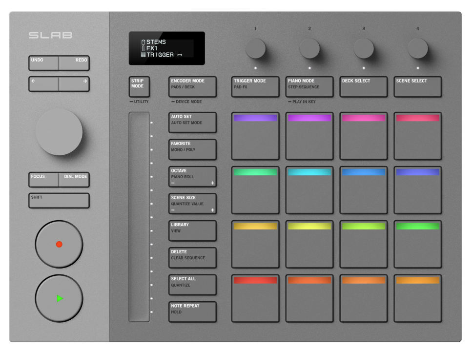 Vue de dessus du contrôleur Serato SLAB montrant les 16 pads RGB, l'écran OLED, les quatre encodeurs tactiles, le cadran multifonctionnel et la bande tactile